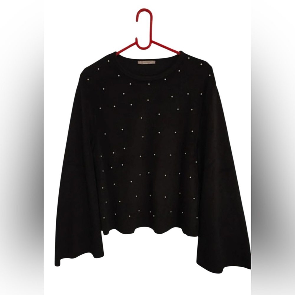 Zara Trafaluc  17-18 Fleece Sweater Beaded  Front SZ M Black